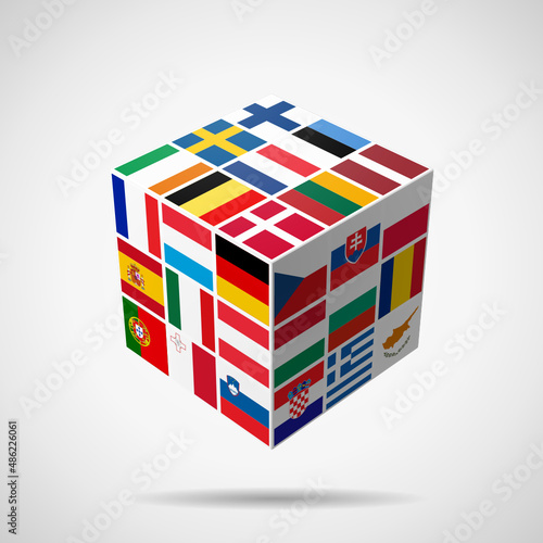 European Union after Brexit. Cube with the flags of the 27 EU member states.
