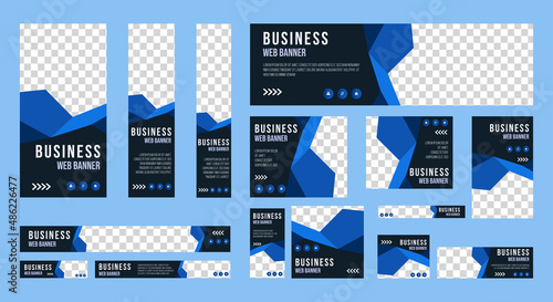 Business banner design web template Set, Horizontal header web banner. Black and blue. cover header background for website design, Social Media Cover ads banner, flyer, invitation card
