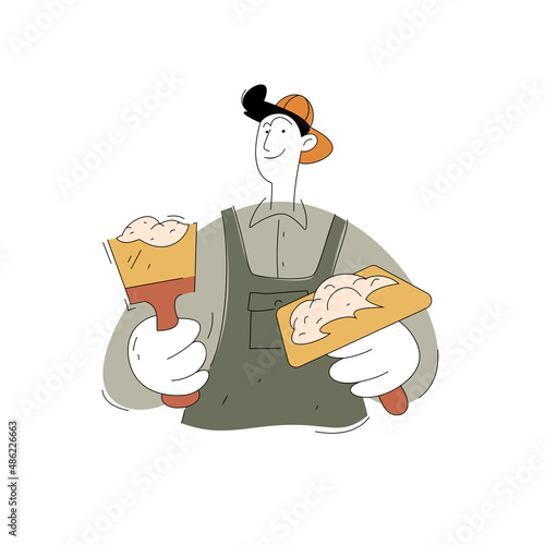 A construction worker character. Plasterer. Vector illustration of a flat style isolated on a white background.