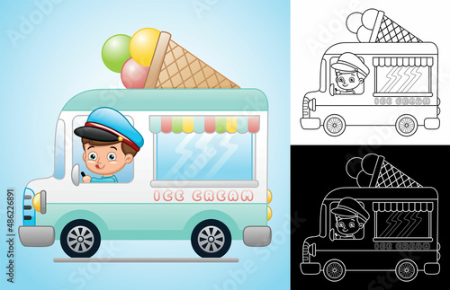 Cartoon of ice cream truck and funny driver