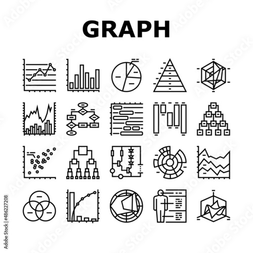Graph For Analyzing And Research Icons Set Vector. Hierarchy And Binary Decision Diagram, Bar And Line Graph, Radar And Stacked Area Chart Line. Pareto And Venn Infographic Black Contour Illustrations