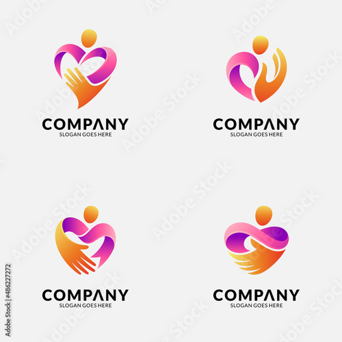 collection of combination heart logo templates with hand and person shapes