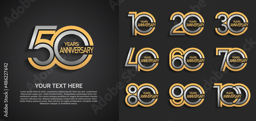 set of anniversary premium logo with golden and silver color isolated on black background photo