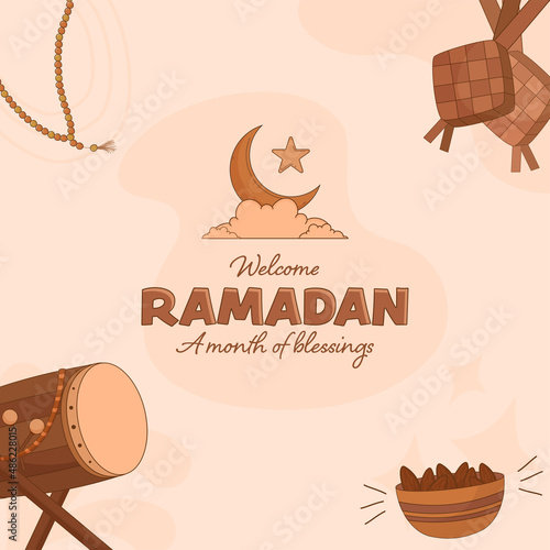 Welcome Ramadan Month Concept With Crescent Moon, Star, Dates In Bowl, Ketupat Hang, Tasbih And Dhol Stand On Pink Background.