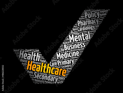 Healthcare check mark word cloud collage, health concept background