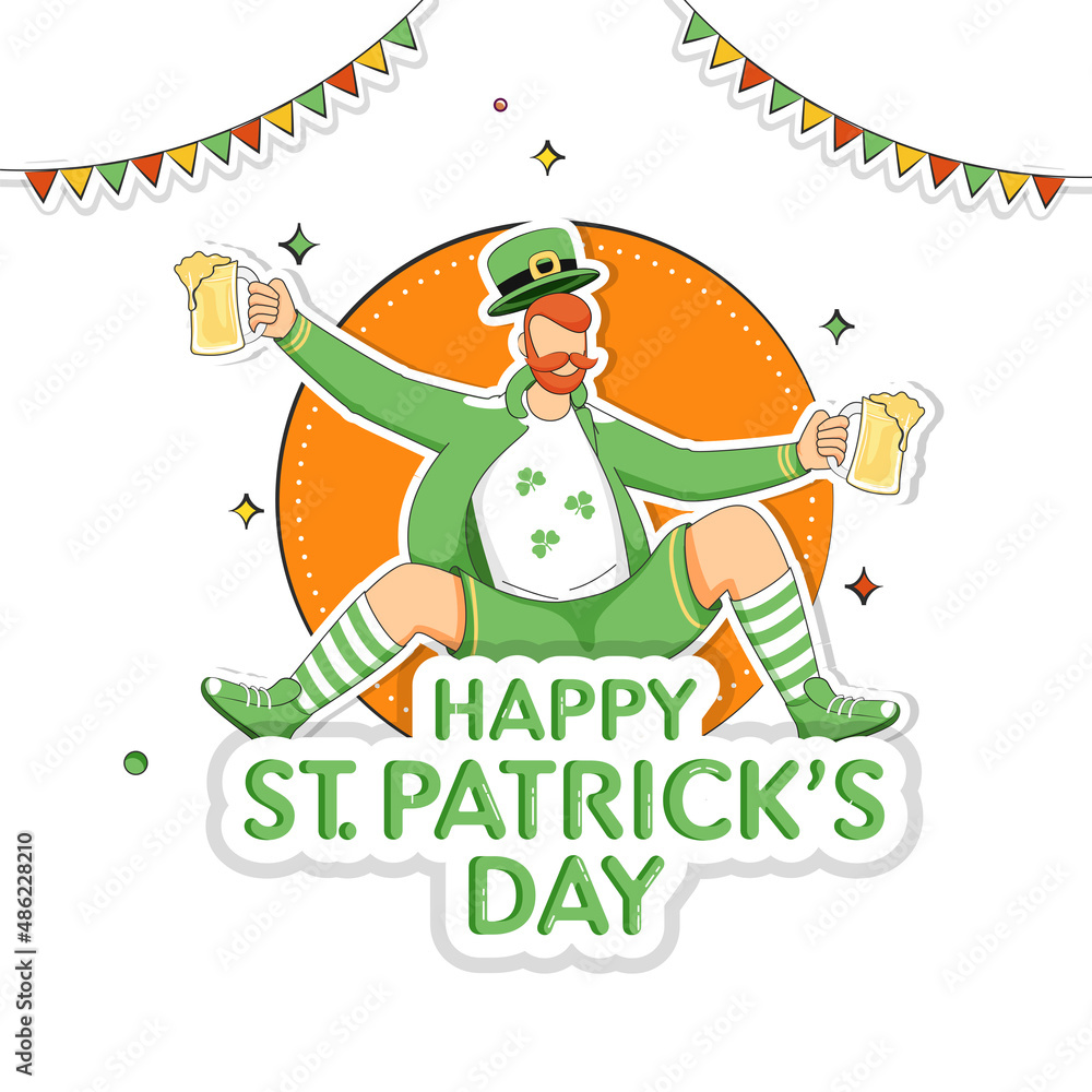 Fototapeta premium Sticker Style Happy St. Patrick's Day Font With Cartoon Leprechaun Man Holding Beer Mugs, Bunting Flags On Orange And White Background.