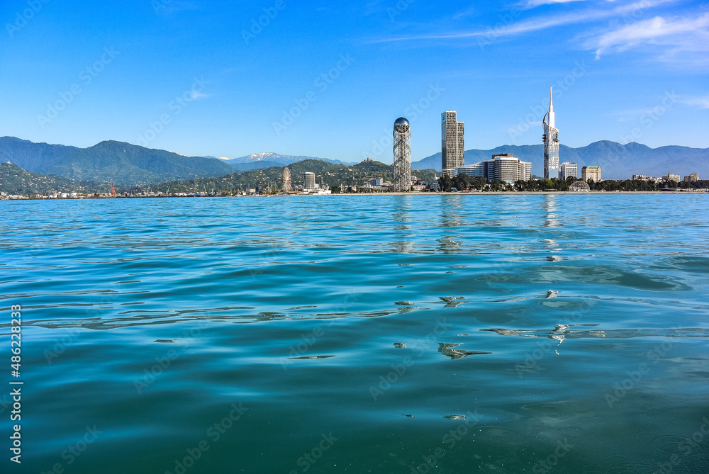 View from the sea to the Batumi embankment. Sights, buildings and skyscrapers of Batumi. Georgia. May 2019.