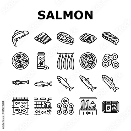 Salmon Fish Delicious Seafood Icons Set Vector. Sashimi And Salmon Fillet Steak, Fresh And Cooked Dish Sea Food, Caviar And Oil Line. Plant Processing And Farming Black Contour Illustrations