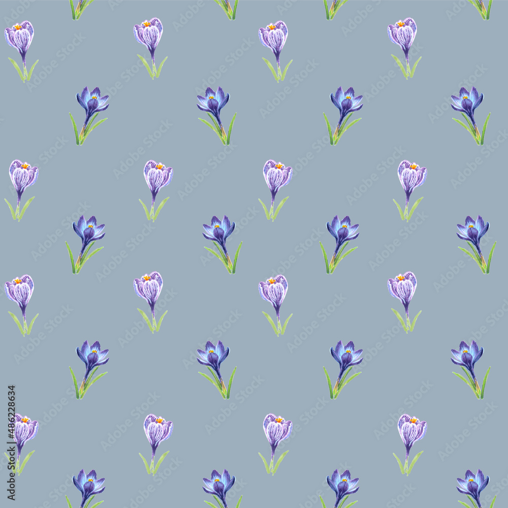 Floral seamless pattern of crocuses drawn by markers on a tourmaline background. For fabric, sketchbook, wallpaper, wrapping paper.