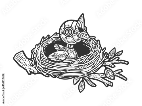 mechanical chick bird in the nest sketch engraving vector illustration. T-shirt apparel print design. Scratch board imitation. Black and white hand drawn image.