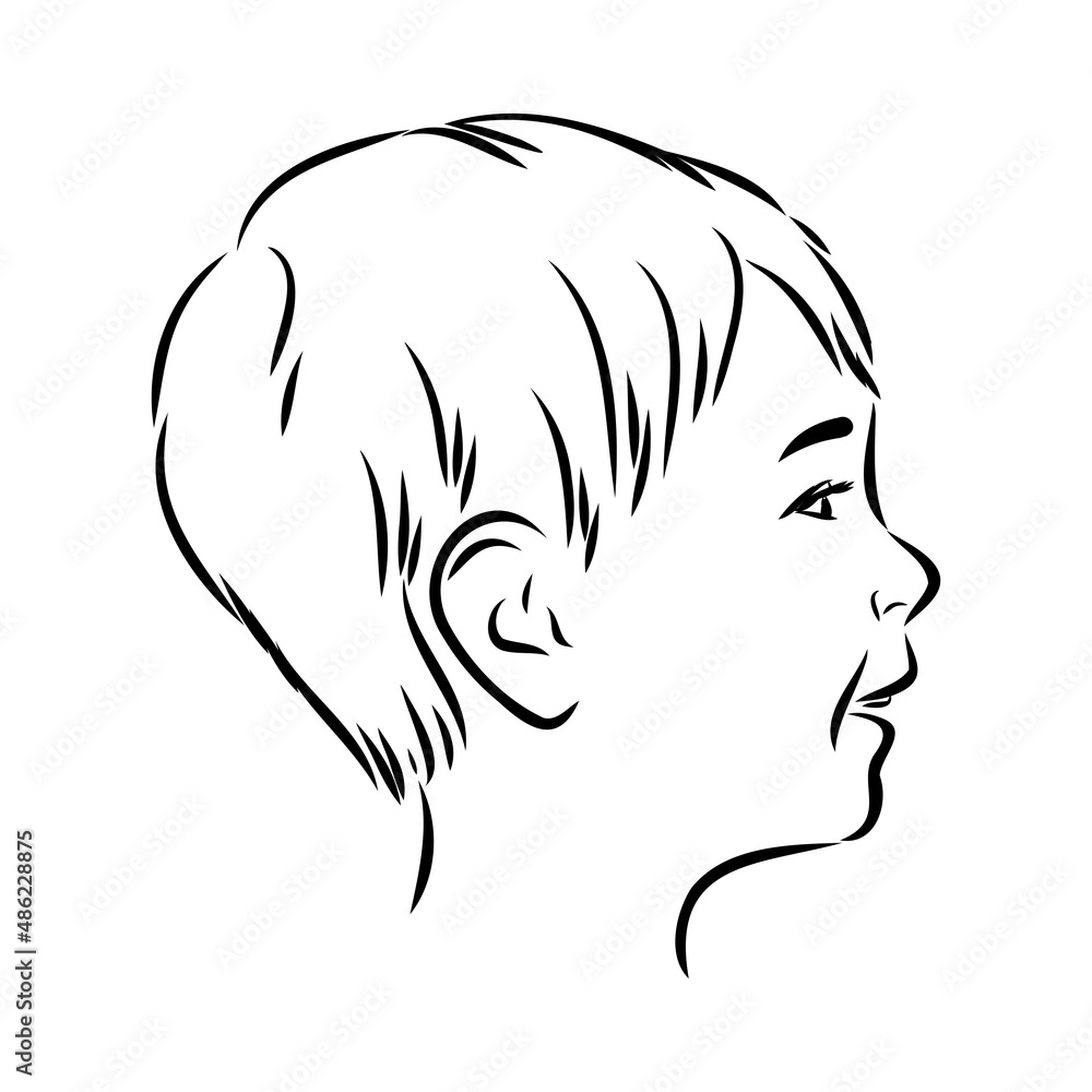 Hand drawn little kid portrait in profile, Vector sketch isolated on white background, Line art illustration Hand drawn little kid portrait in profile, Vector sketch isolated on white background, Line art illustration