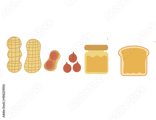 Set peanuts and nuts.Jam and bread.National Peanut Day.Snack or dessert.Fruit or vegetable.Sign, symbol, icon or logo isolated.Cartoon vector illustration.Flat design.Clipart.