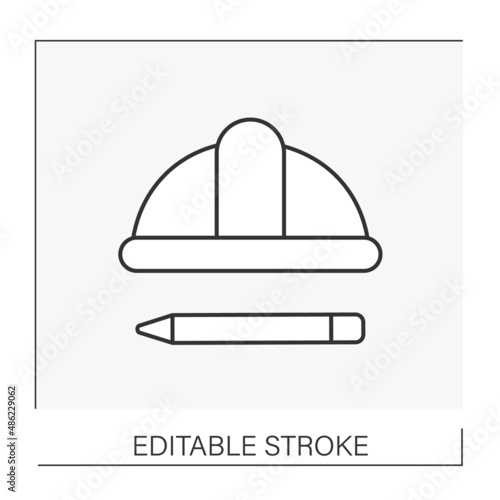  Equipment line icon. Hardhat and pencil. Building project. Construction industry concept. Isolated vector illustration. Editable stroke