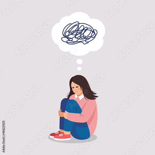 Girl is suffers by symptom of depressive disorder. Vector illustration about mental problems in flat style.