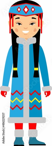 Vector illustration of eskimo children, girl, people. Eskimo woman dressed in national costumes.