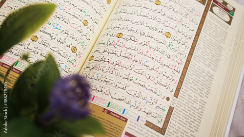 exreme close up holy quran with indonesian translate