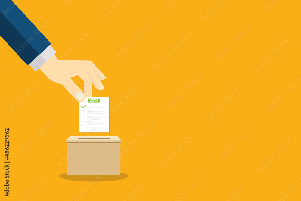 Hand holding voting ballot and ballot box. Voting and election concept. Ballot Box Icon. Vector illustration. Hand holding voting ballot and ballot box. Voting and election concept. Ballot Box Icon. Vector illustration.