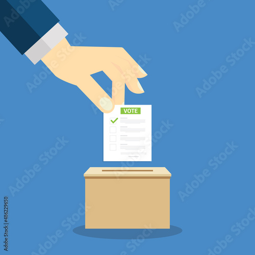 Hand holding voting ballot and ballot box. Voting and election concept. Ballot Box Icon. Vector illustration.