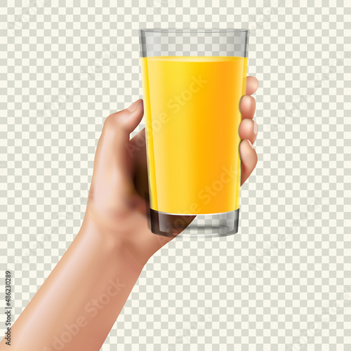 Hand holding orange juice. Vector realistic mockup.