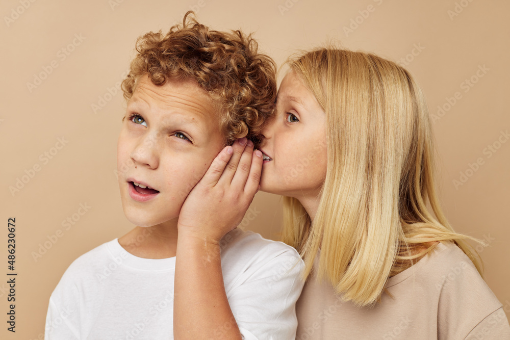 Portrait of cute children fun friendship entertainment beige background Portrait of cute children fun friendship entertainment beige background
