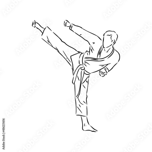 Karate kick technique sketch illustration. Asian martial art sport hand drawn design