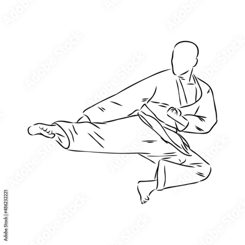 Karate kick technique sketch illustration. Asian martial art sport hand drawn design