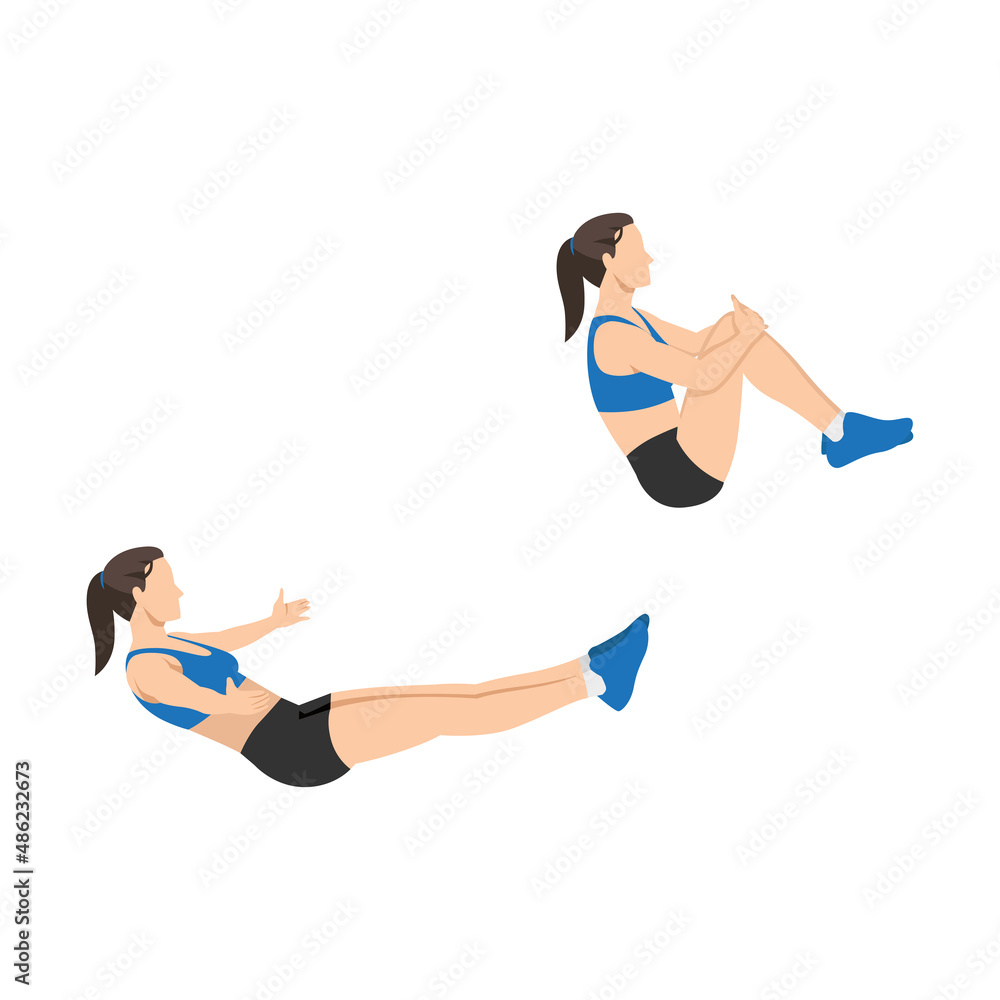 Woman doing Knee hugs exercise. Flat vector illustration isolated on white background Woman doing Knee hugs exercise. Flat vector illustration isolated on white background