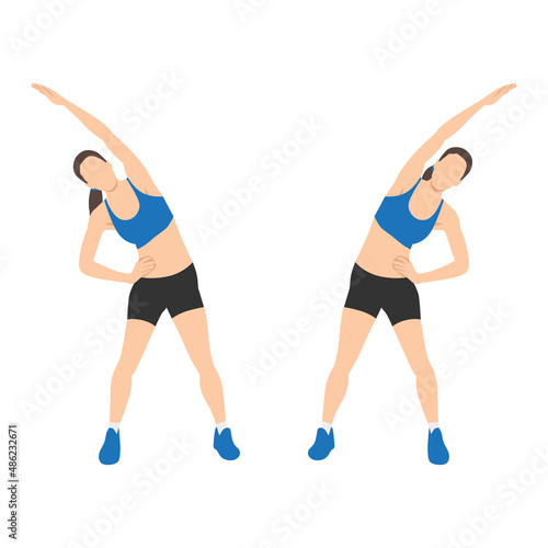 Woman doing Obliques stretch exercise. Flat vector illustration isolated on white background