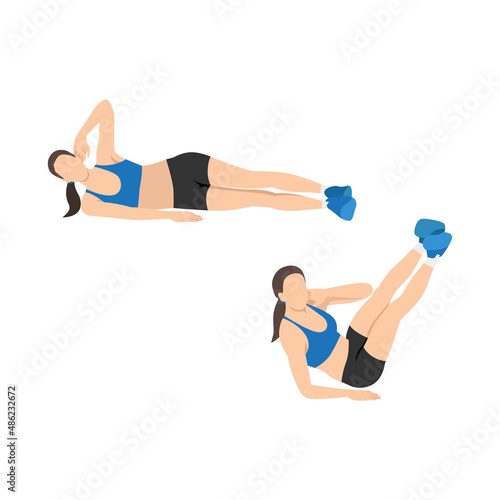 Woman doing Oblique v crunch exercise. Flat vector illustration isolated on white background