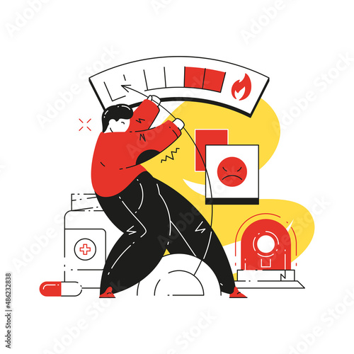 Exhausted man hold arrow scale gauge aggressive mood concept less stress level balance at work. Tired male employee fighting fatigue depression use medicals emergency aid vector illustration