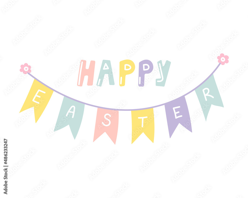 Happy Easter greetings, flag garland, hand lettering, vector flat illustration