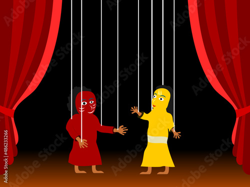 flat design playing puppetry on the theater stage