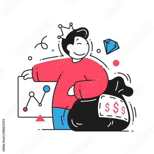 Rich man in crown performing graph scheme profit wealth growth with sack of cash money dollar and gem vector flat illustration. Business male enjoying financial independence chart report analyzing