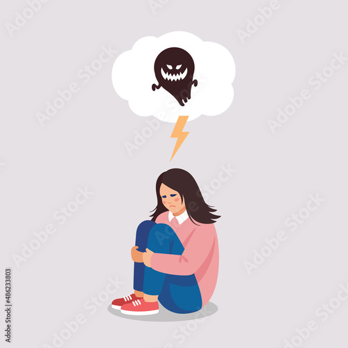 Scared sad girlsuffers of phobias, depressive disorder, paranoia. Illustration of mental problems