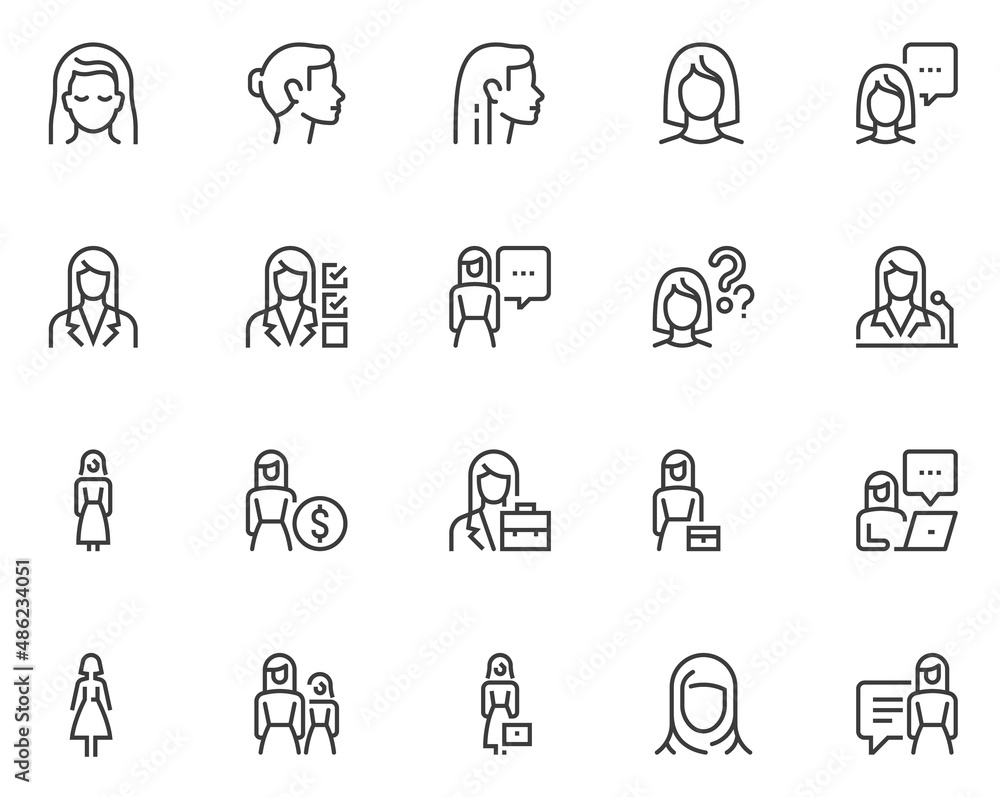 Set of Vector Line Icons Related to Woman. Business Lady, Female Face ...