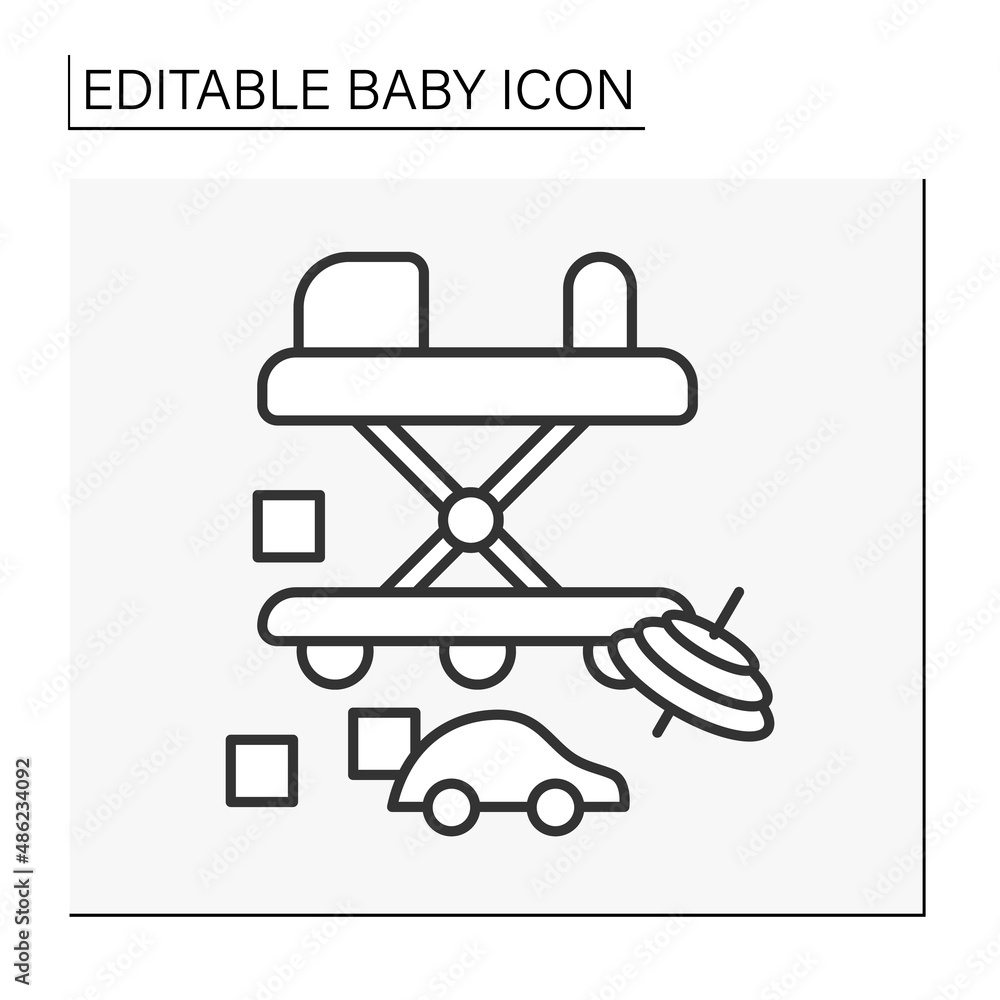 Obraz premium Baby toys line icon. Baby walkers with wheels. Toys and peg top. First steps. Childhood concept. Isolated vector illustration. Editable stroke