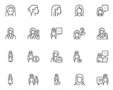 Set of Vector Line Icons Related to Woman. Business Lady, Female Face, Female Figure. Editable Stroke. 48x48 Pixel Perfect.