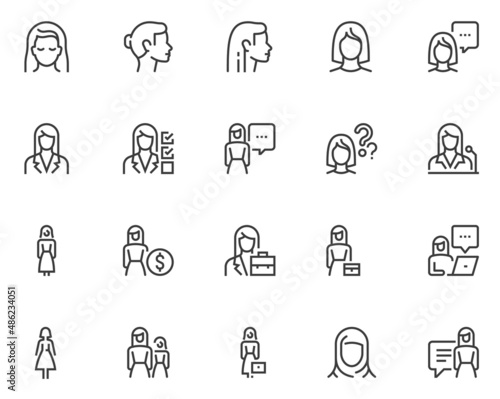 Set of Vector Line Icons Related to Woman. Business Lady, Female Face, Female Figure. Editable Stroke. 48x48 Pixel Perfect.