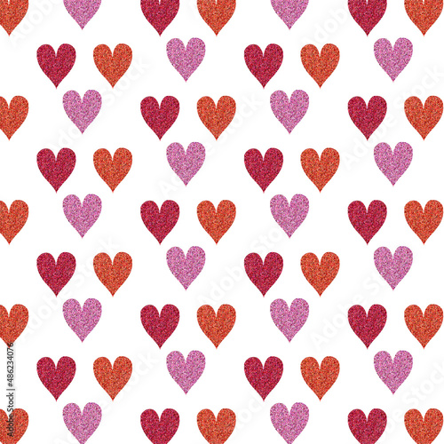 Pattern of shiny hearts for Valentine's Day on a white background.