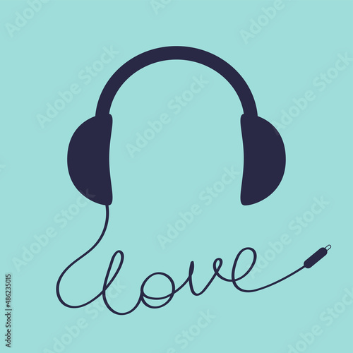 Black headphones earphones with cord plug and word Love. Music banner. Headset icon. Headphone speaker. Greeting Card. Flat design. Blue background. Isolated.