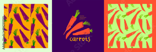 Vector carrot pattern seamless. Textured hand-drawn carrots  background. Vegetarian backdrop. Cooking courses banner. Vegetable drawings for organic food label, juice packaging, vegan cosmetic.
