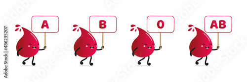Set, collection of cute red blood drops characters with blood type signs, banners, cards for blood donation, medical and healthcare design.