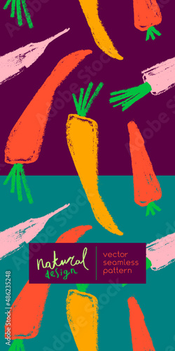 Vector carrot pattern seamless. Textured hand-drawn carrots  background. Vegetarian backdrop. Cooking courses banner. Vegetable drawings for organic food label, juice packaging, vegan cosmetic.