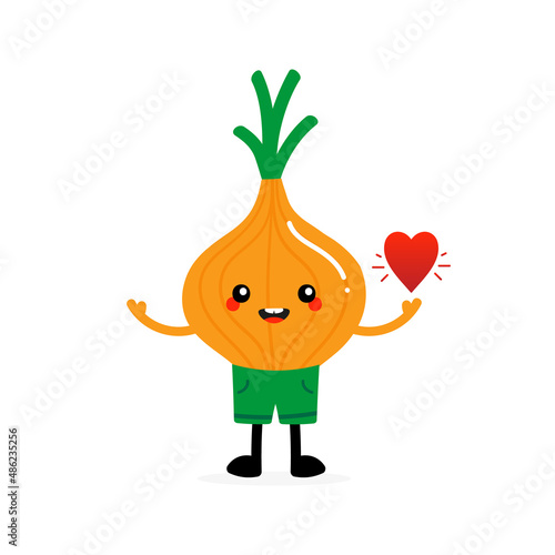 Cute smiling cartoon style onion in shorts character holding red heart.
