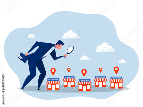 businessman holding magnifying glass for investment with small business or franchise branch expansion strategy of financial marketing planning vector illustrator