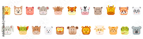Square muzzles of animals in cartoon flat style. Vector illustration.