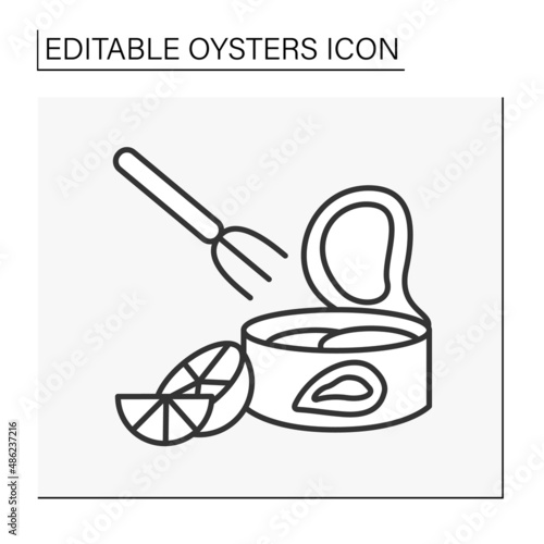 Delicacy line icon.Taste compatibility. Combine lemon and oysters in steel can. Special tasting.Seafood concept. Isolated vector illustration. Editable stroke