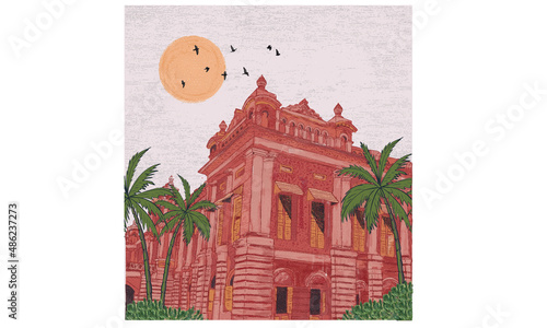 Ahsan manzil watercolor vector print illustration design. Heritage architecture illustration.   