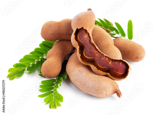 Tamarind fruit with green leaves isolated on white background. Famous fruit in Phetchabun province of Thailand.