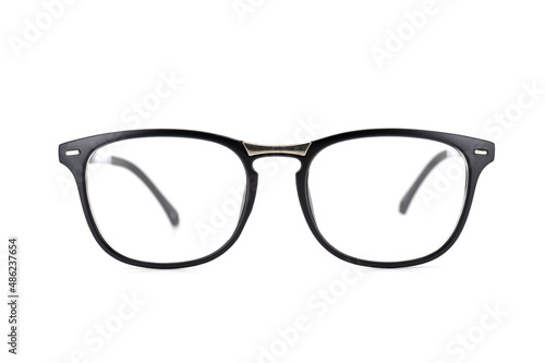 Black frame eyeglasses top view isolated on white background.